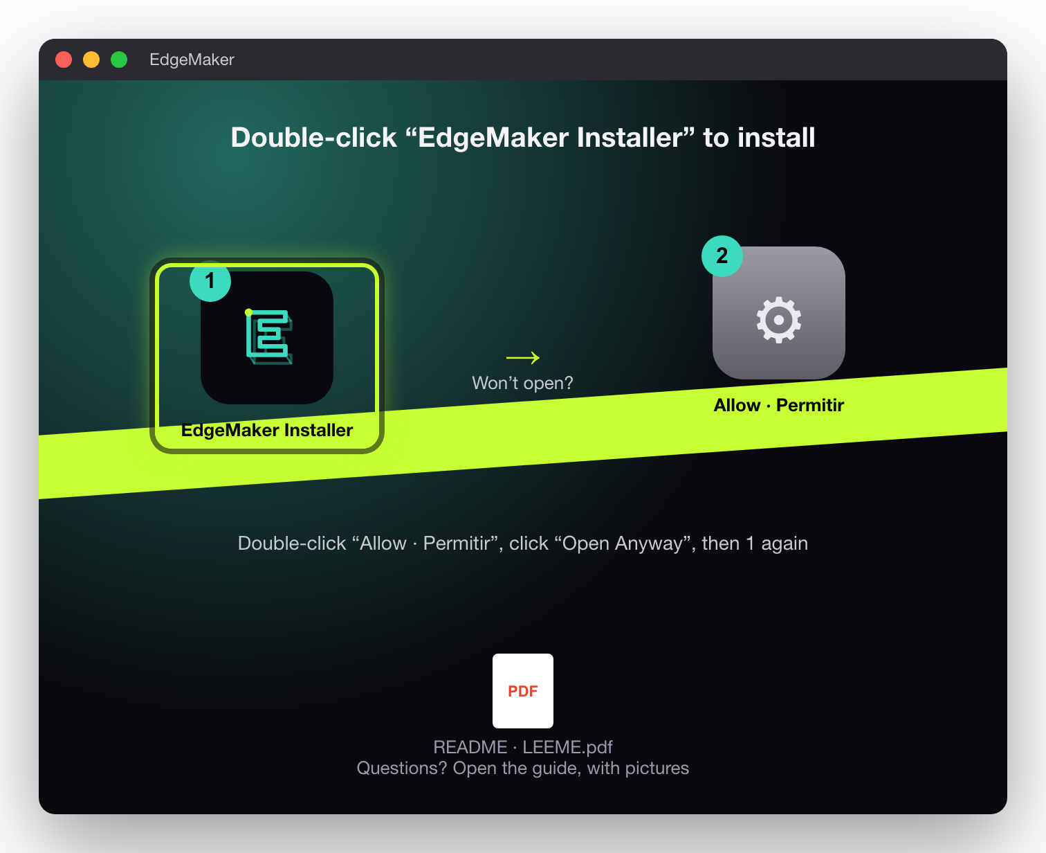 EdgeMaker disk window: 1 EdgeMaker Installer, 2 Allow · Permitir, and the PDF guide.