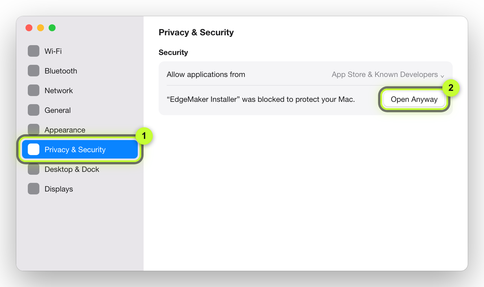 System Settings, Privacy & Security, Open Anyway button highlighted.
