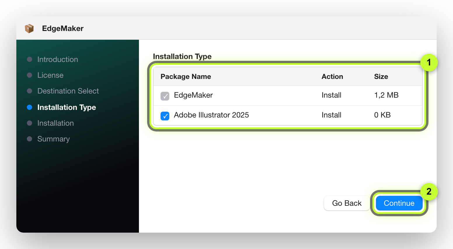 macOS installer, Installation Type, Adobe Illustrator 2025 ticked.