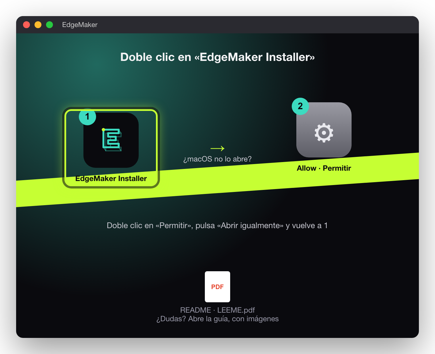 Ventana del disco EdgeMaker: 1 EdgeMaker Installer, 2 Allow · Permitir, y la guía en PDF.